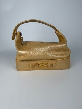 Gianni Versace Vintage Gold Vanity Ostrich Leather Top Handle Bag